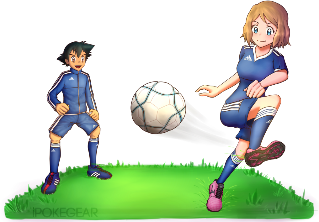 [comm] Serena And Ash Playing Soccer By Ipokegear - Ash Ketchum Playing Football - Transparent PNG Free Download