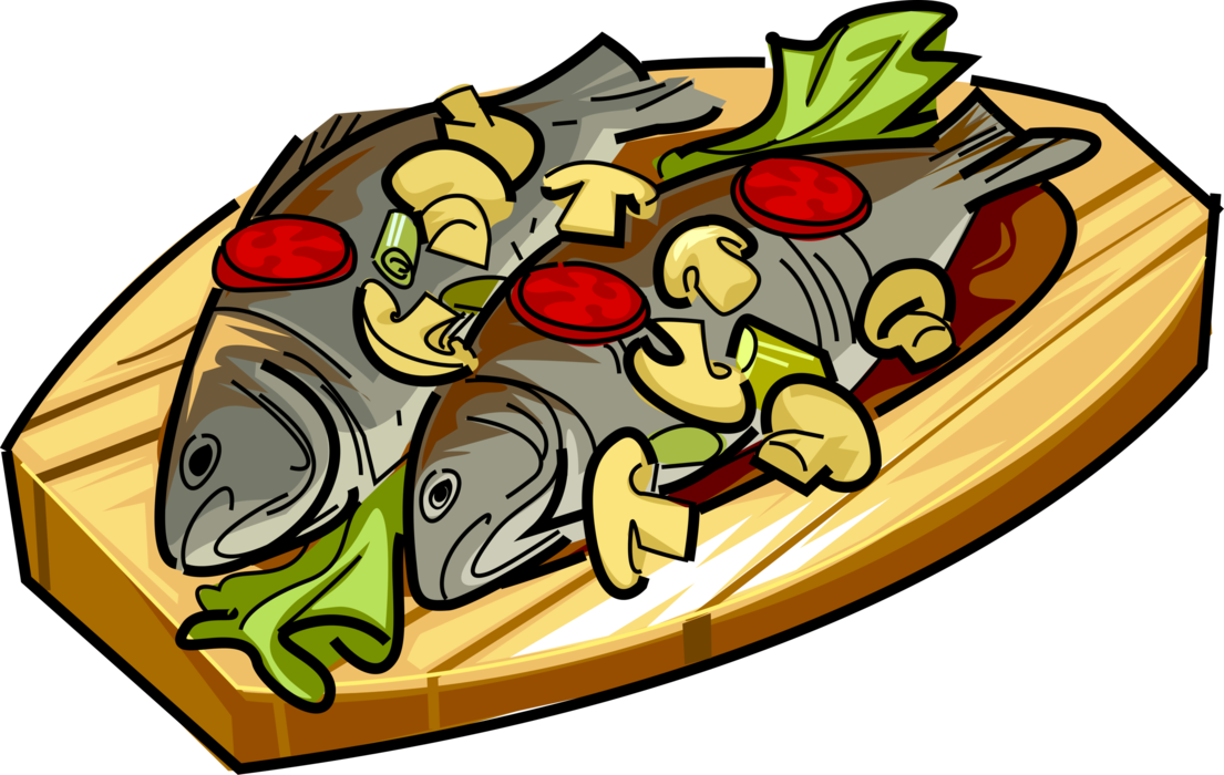 Vector Illustration Of Roast Fish With Mushrooms And - Fish - Transparent PNG Free Download