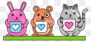 Cute Kawaii Rabbit Cat And Mouse With Coffee Cups - Cartoon - Transparent PNG Free Download