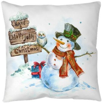 Watercolor Greeting Card With Snowman Throw Pillow - Watercolor Christmas Cards With Snowman - Transparent PNG Free Download