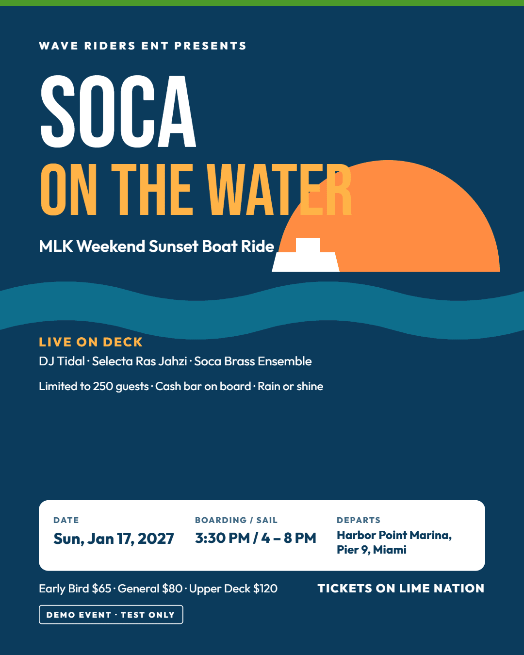 SOCA ON THE WATER: MLK Weekend Sunset Boat Ride flyer
