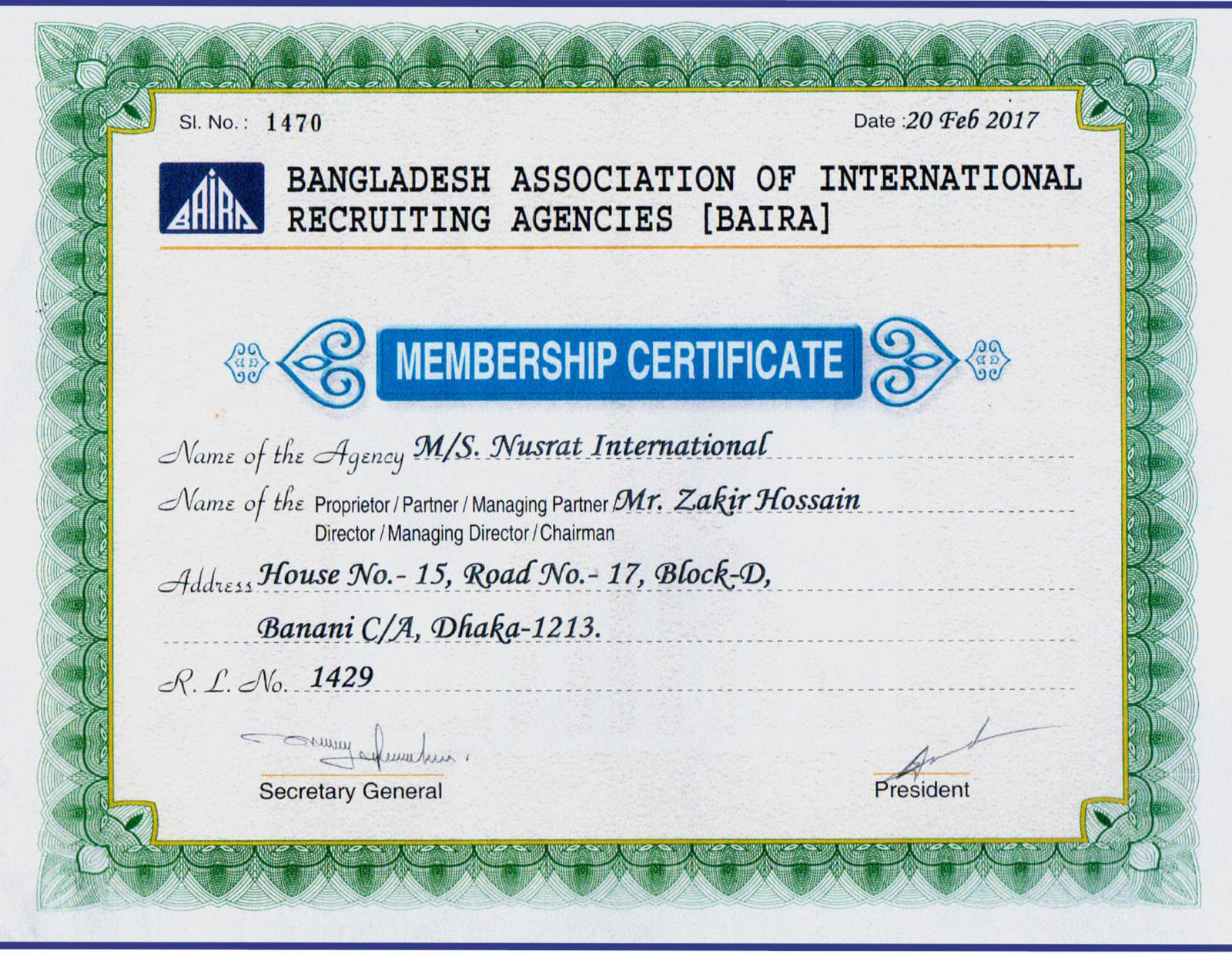 Official BAIRA Membership Certificate