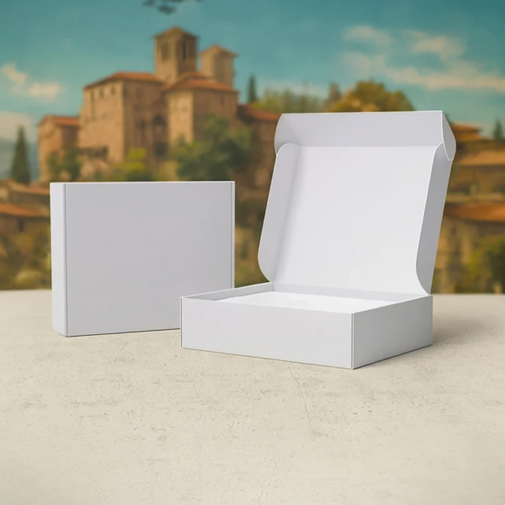 White mailer box showing white inner and outer surfaces