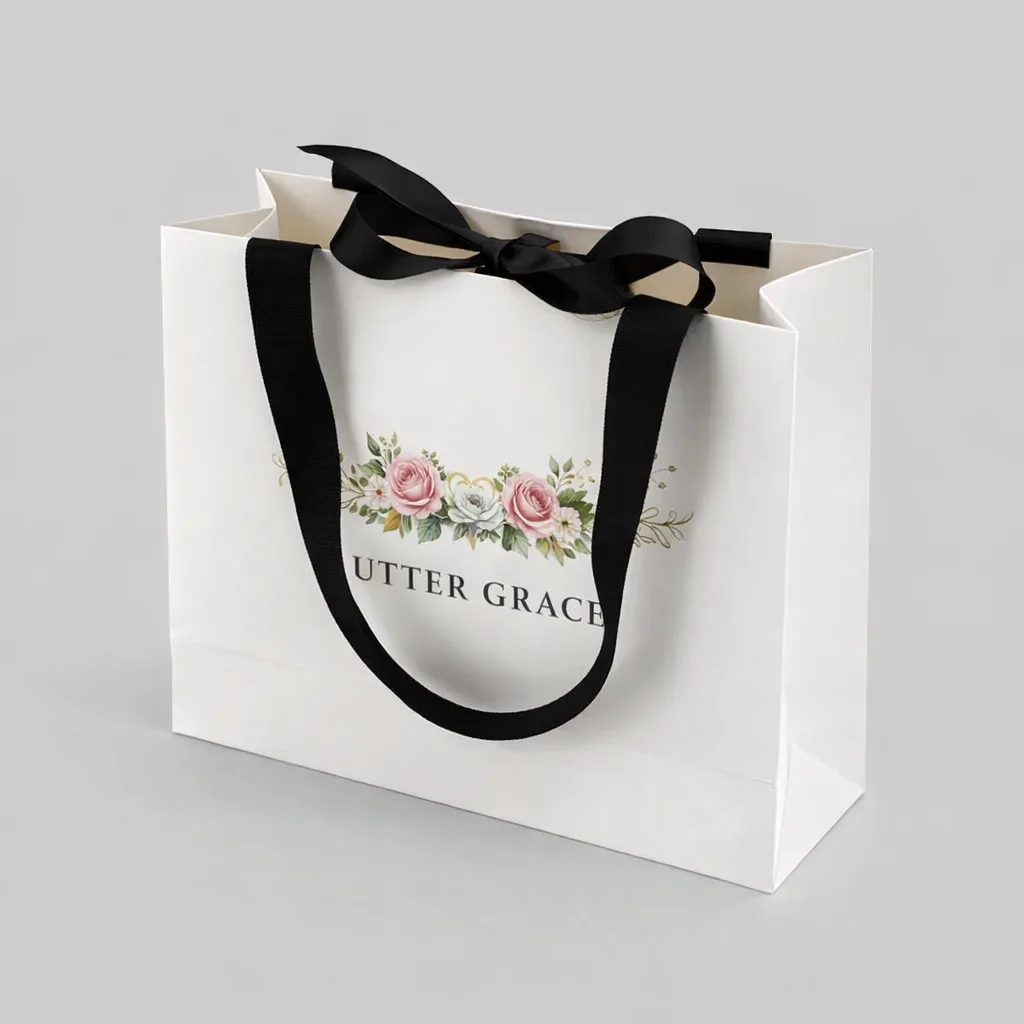white paper bags with print