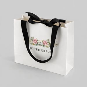 white paper bags with print