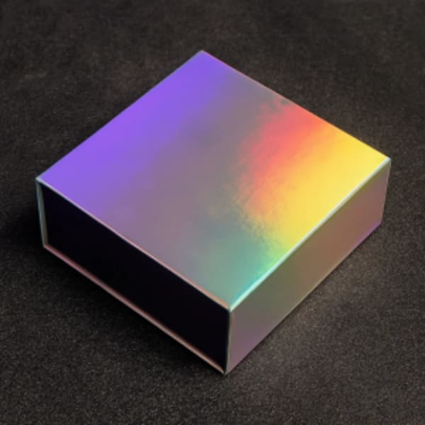 Holographic foiling on premium box with rainbow effect finishing on box