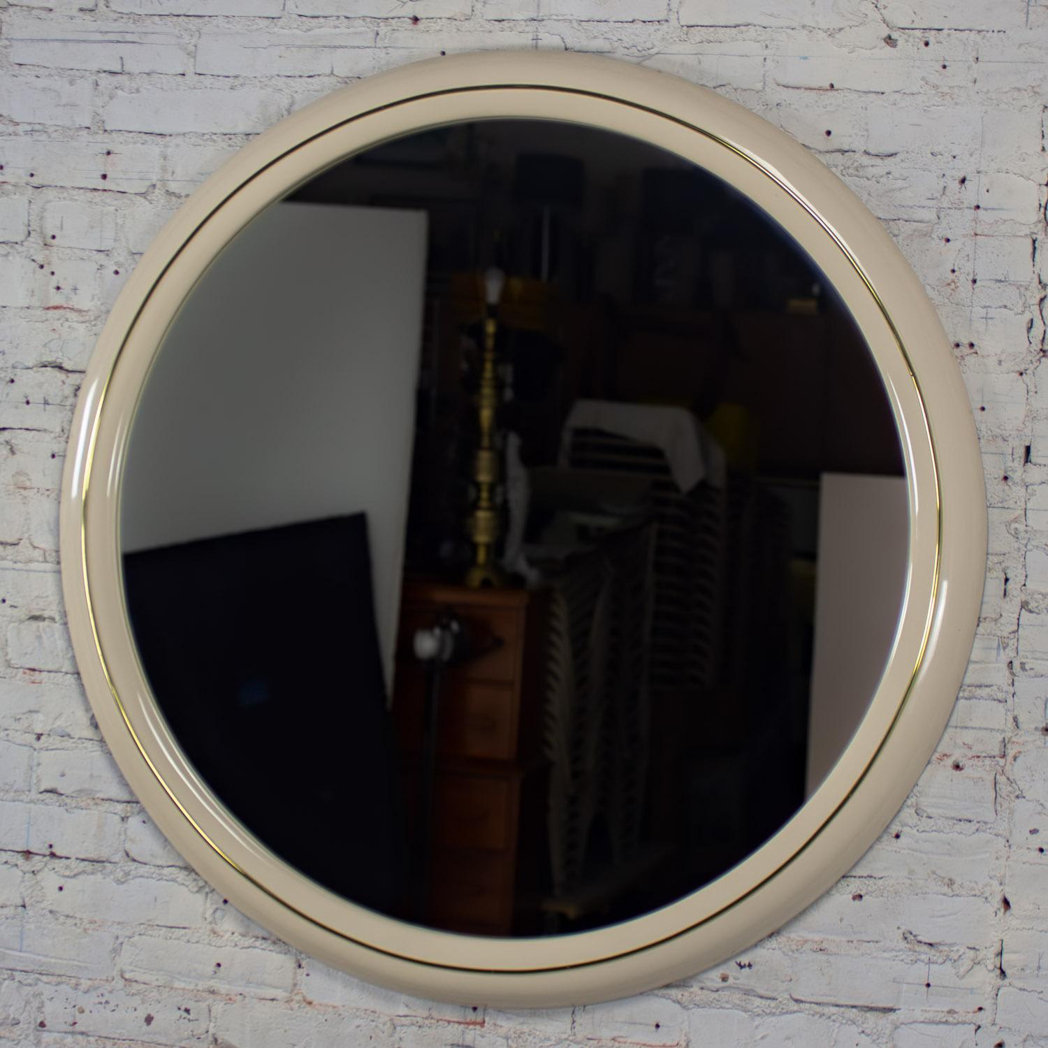 1990’s Modern to Postmodern Lane Furniture White Lacquer & Brass Trim Round Wall Mirror
