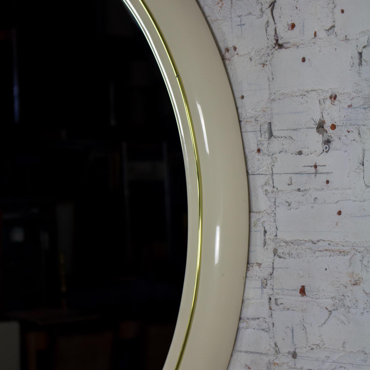 1990’s Modern to Postmodern Lane Furniture White Lacquer & Brass Trim Round Wall Mirror