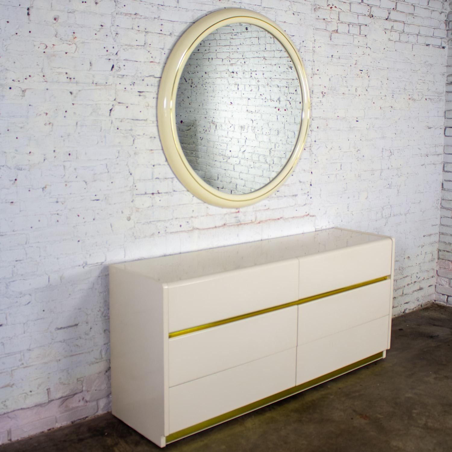 1990’s Modern to Postmodern Lane Furniture White Lacquer & Brass Trim Round Wall Mirror