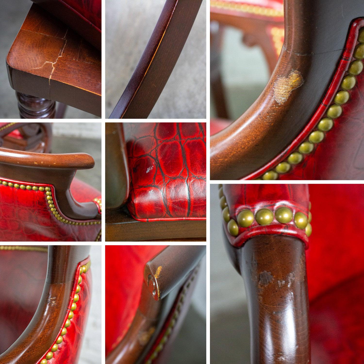 Late 20th Century Traditional Neoclassic Style Red Leather & Wood Barstools by Hancock & Moore set of 5