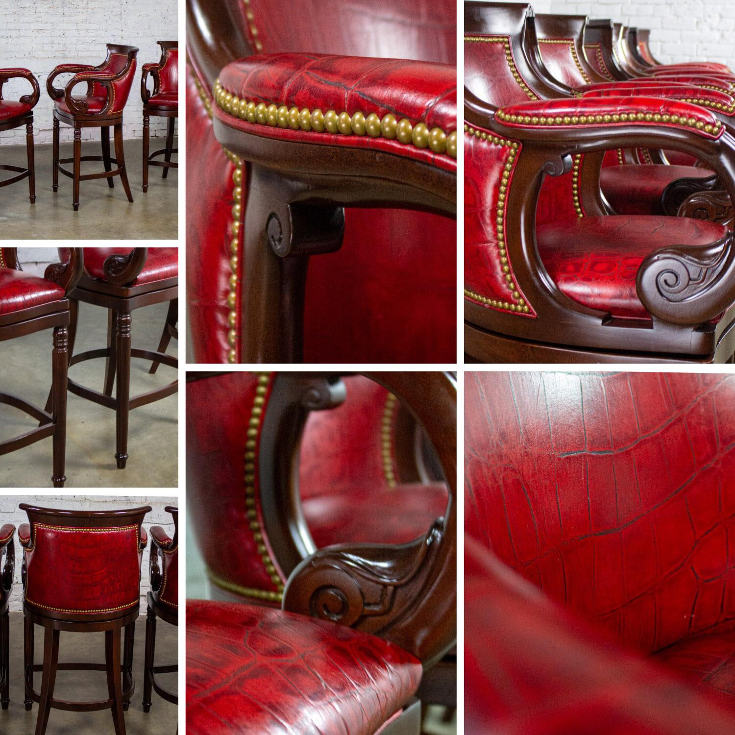 Late 20th Century Traditional Neoclassic Style Red Leather & Wood Barstools by Hancock & Moore set of 5