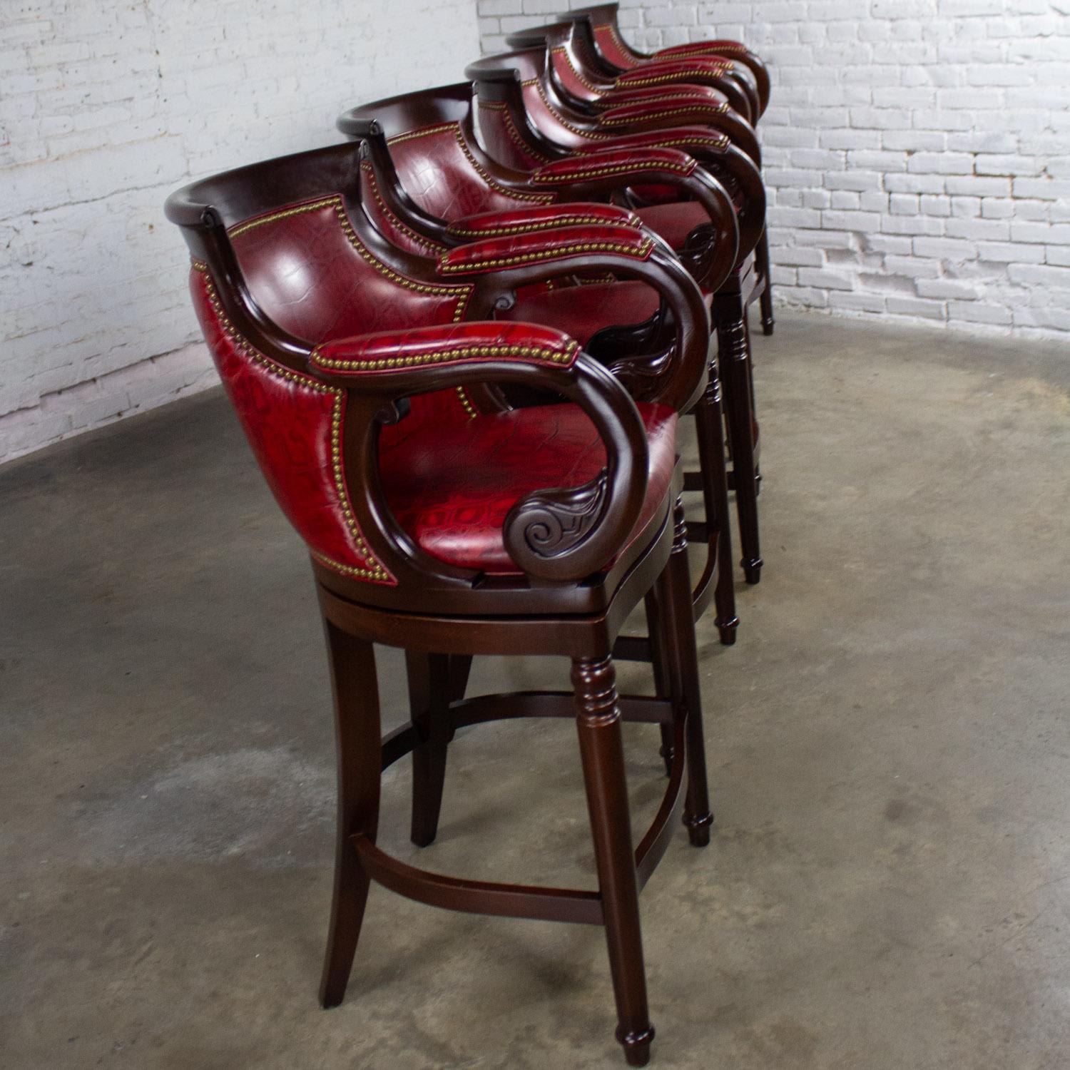Late 20th Century Traditional Neoclassic Style Red Leather & Wood Barstools by Hancock & Moore set of 5