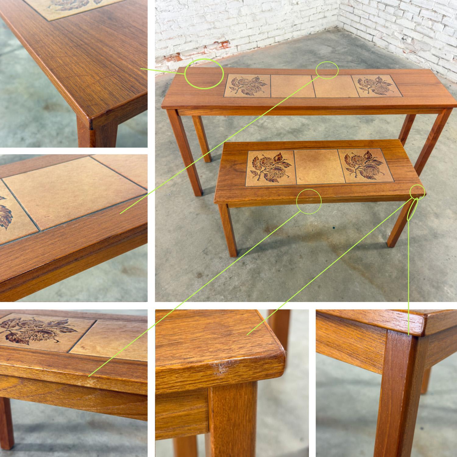 Late-20th Century Scandinavian Modern Pair of Teak Nesting Sofa Console Tables w/Tile Insert Tops