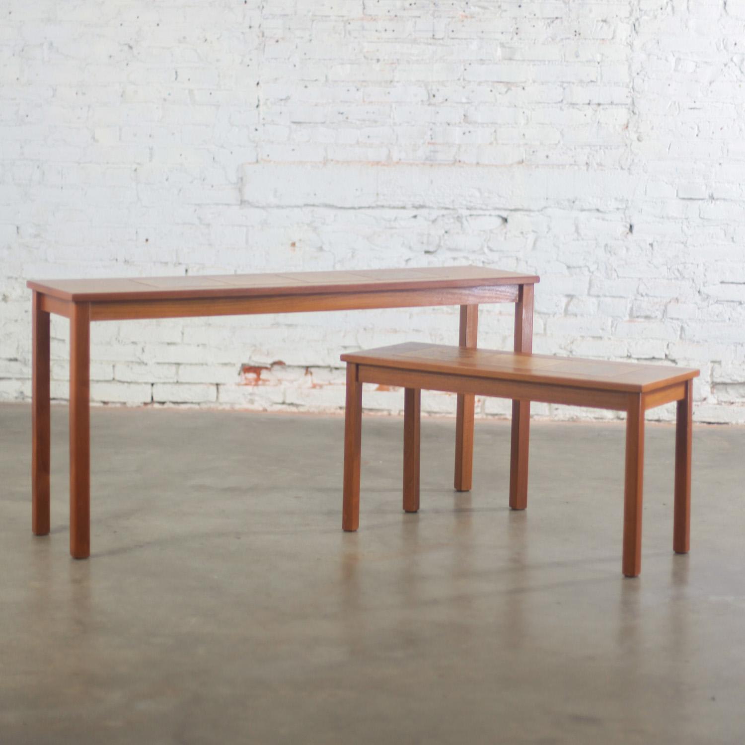 Late-20th Century Scandinavian Modern Pair of Teak Nesting Sofa Console Tables w/Tile Insert Tops