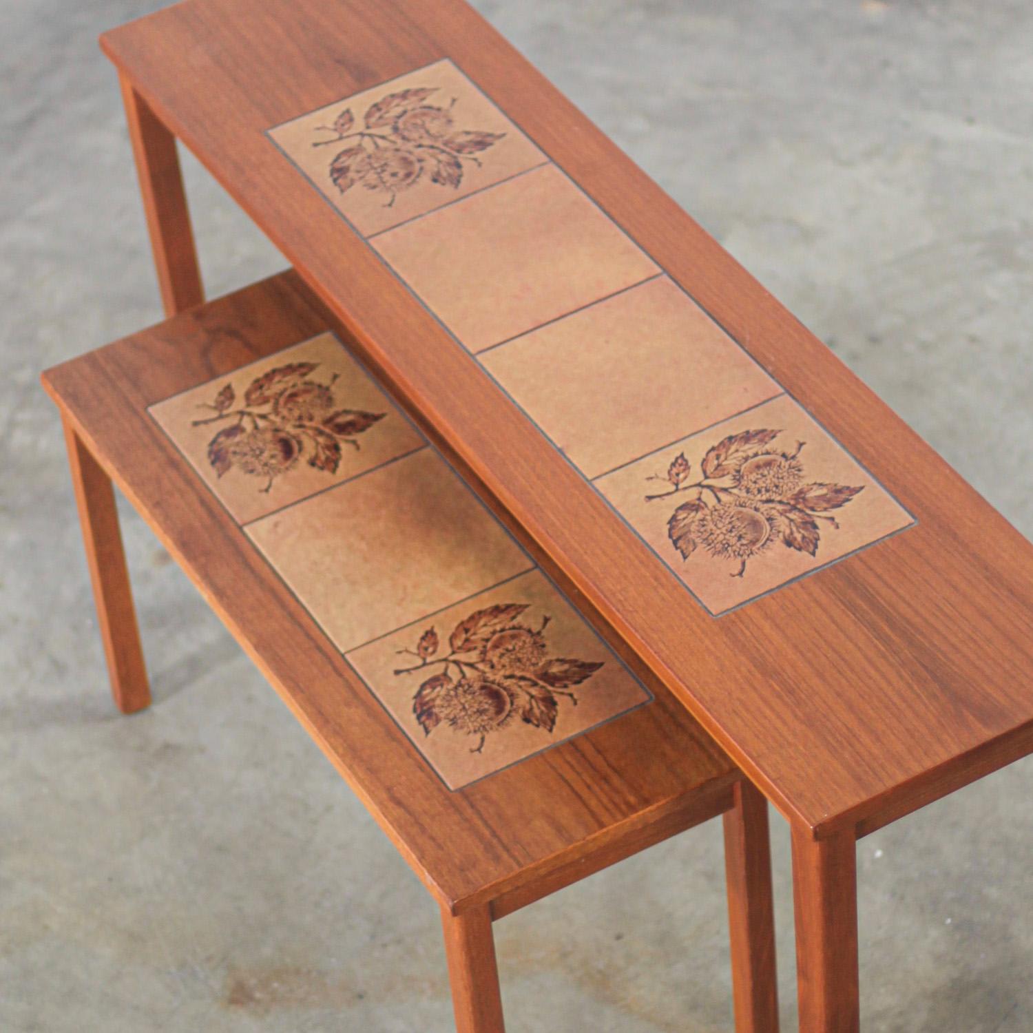 Late-20th Century Scandinavian Modern Pair of Teak Nesting Sofa Console Tables w/Tile Insert Tops