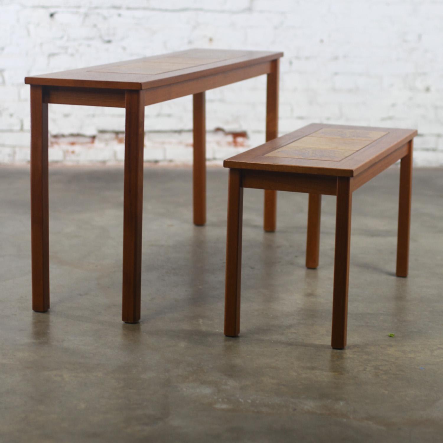 Late-20th Century Scandinavian Modern Pair of Teak Nesting Sofa Console Tables w/Tile Insert Tops