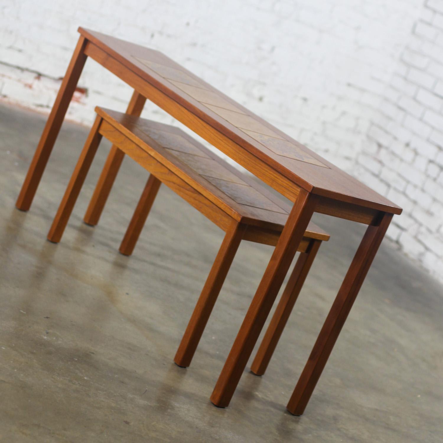 Late-20th Century Scandinavian Modern Pair of Teak Nesting Sofa Console Tables w/Tile Insert Tops