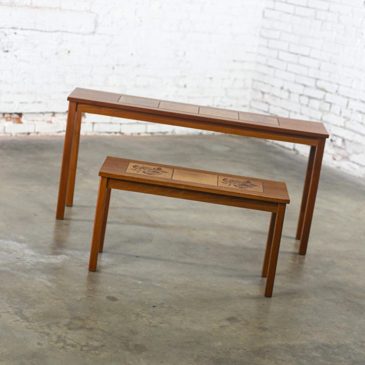 Late-20th Century Scandinavian Modern Pair of Teak Nesting Sofa Console Tables w/Tile Insert Tops
