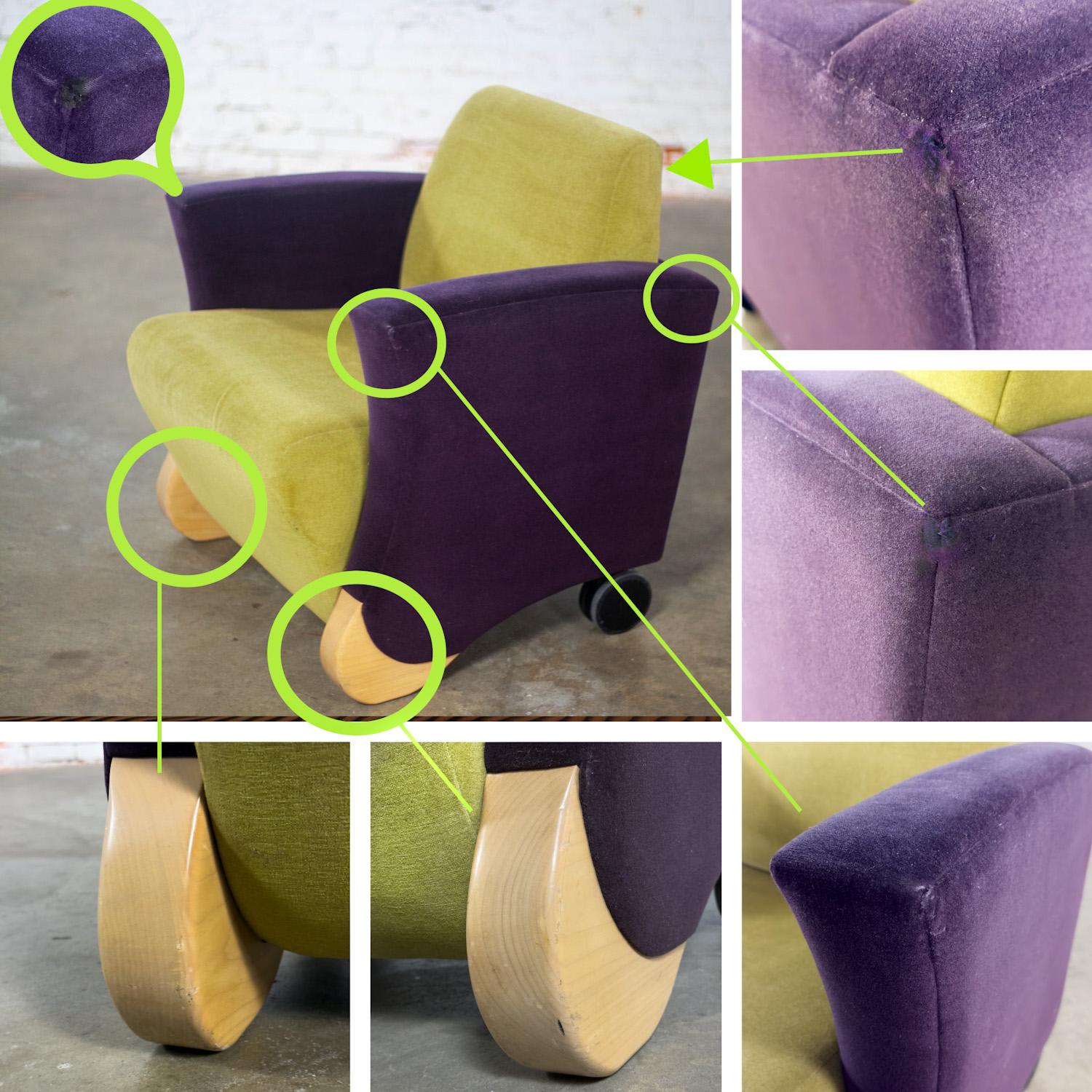 Postmodern Pair of Martin/Brattrud Think Fast Lounge or Club Chairs w/Purple & Green Maharam Mohair Fabric