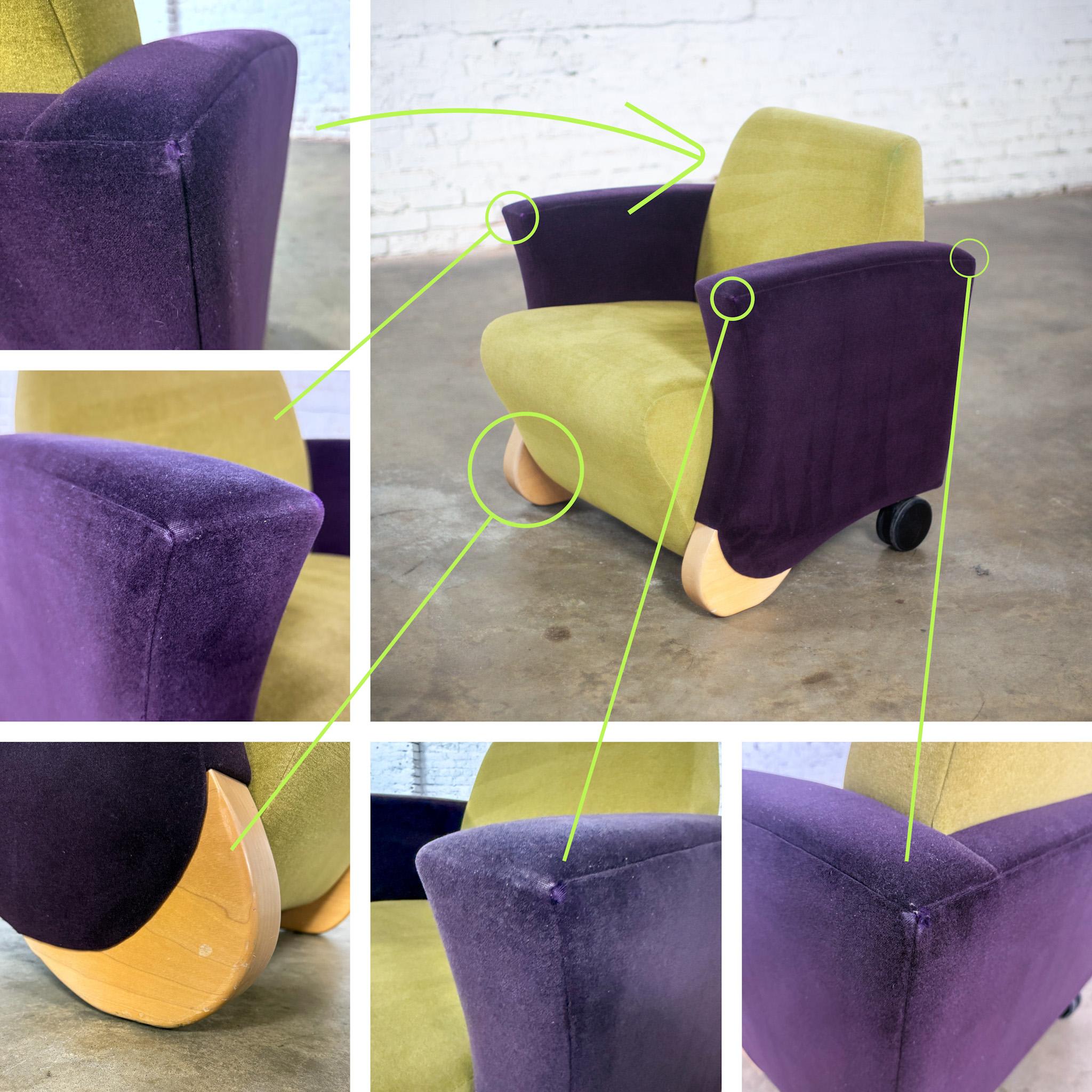 Postmodern Pair of Martin/Brattrud Think Fast Lounge or Club Chairs w/Purple & Green Maharam Mohair Fabric
