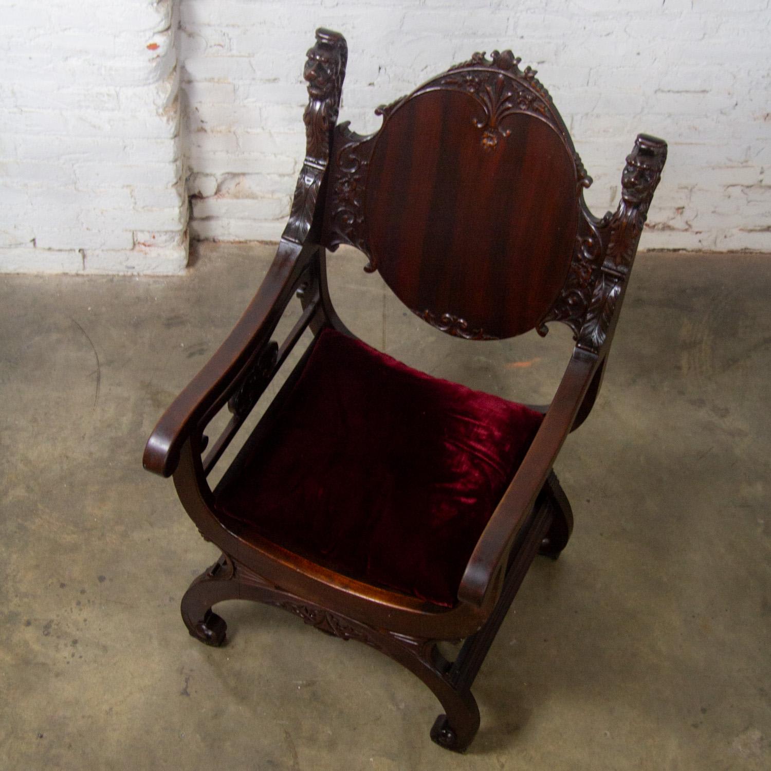 Late 19th Century Neo Renaissance Style Lion Head Savonarola Throne Chair w/Mahogany Frame