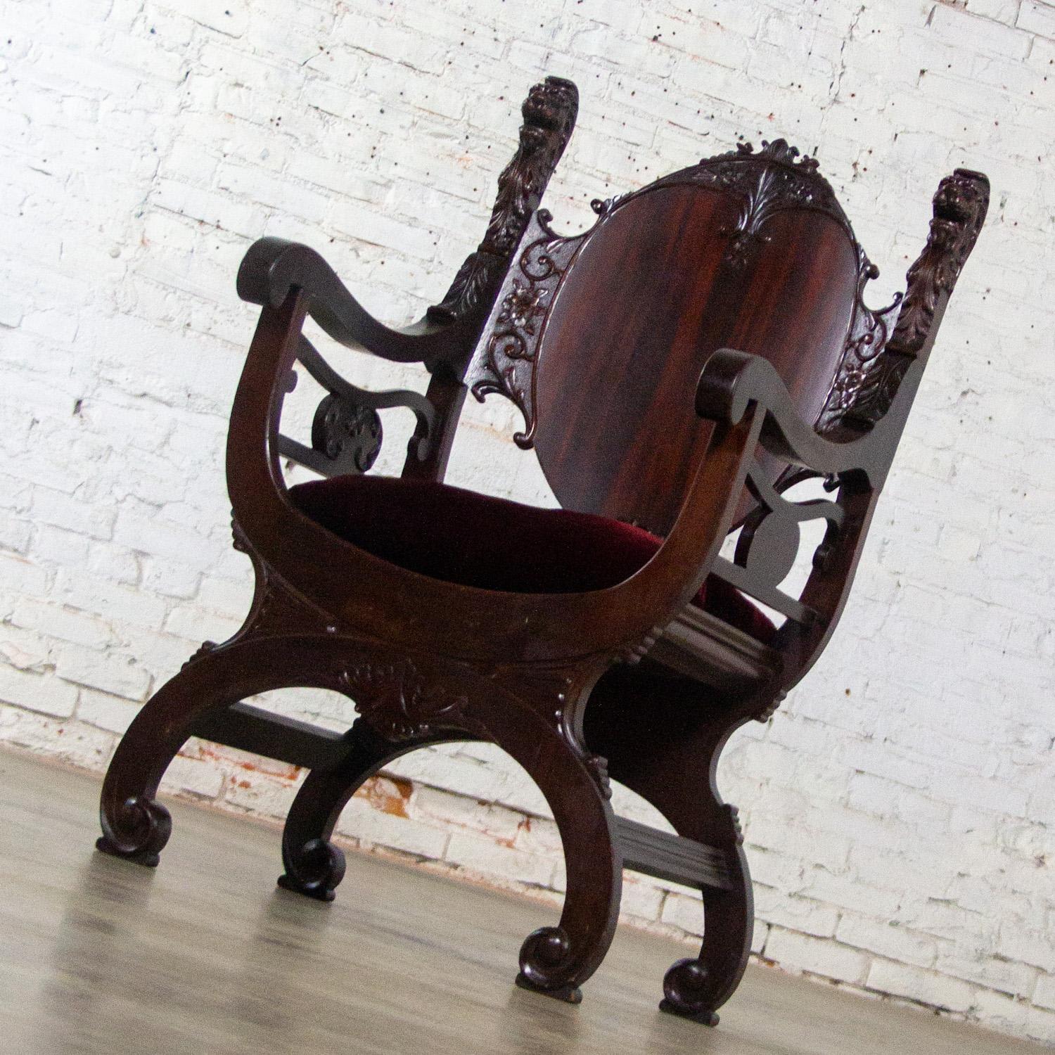 Late 19th Century Neo Renaissance Style Lion Head Savonarola Throne Chair w/Mahogany Frame
