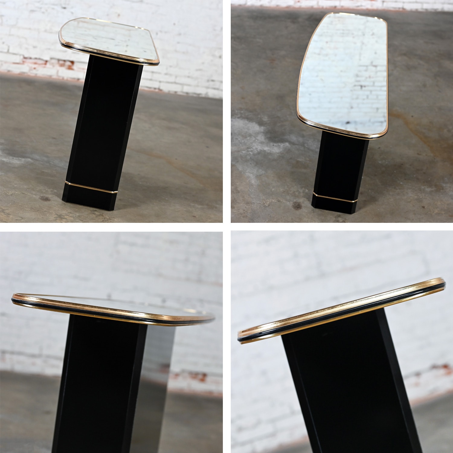 Late 20th Century Postmodern Sofa or Console Table with Mirror Top & Black Lacquered Pedestal Base