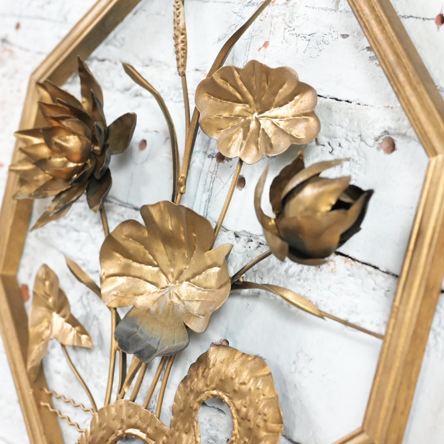 Mid-20th Century Asian Gold Painted Octagon Wood & Metal Four Seasons Wall Plaques Made in Hong Kong set of 4