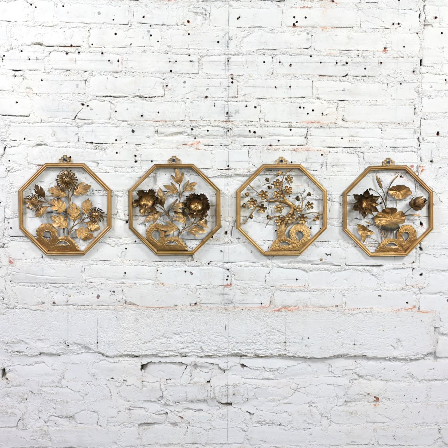 Mid-20th Century Asian Gold Painted Octagon Wood & Metal Four Seasons Wall Plaques Made in Hong Kong set of 4