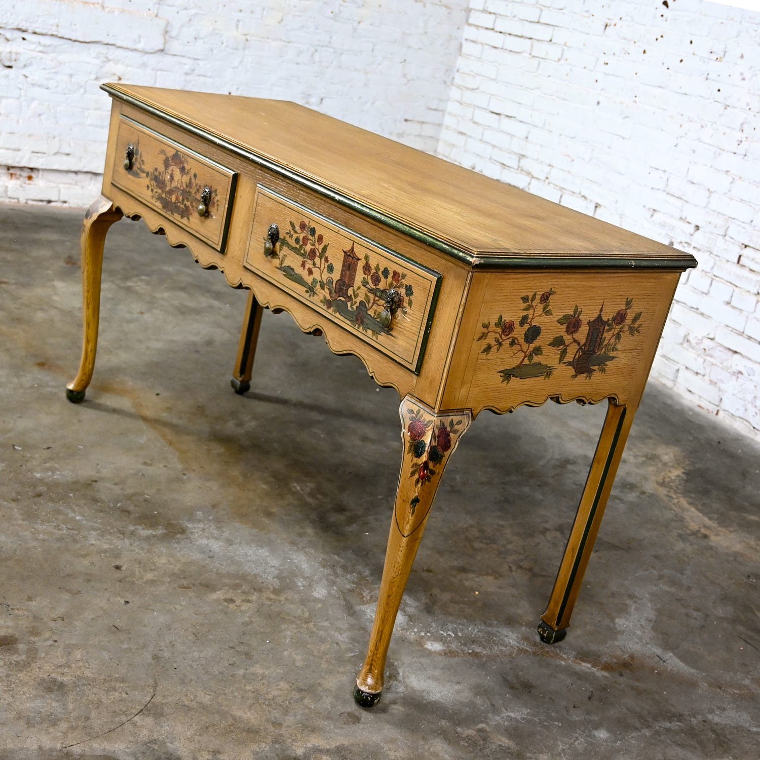 Antique Chinoiserie Hunt Style Buffet Sideboard or Server Hand Painted with Cabriole Legs