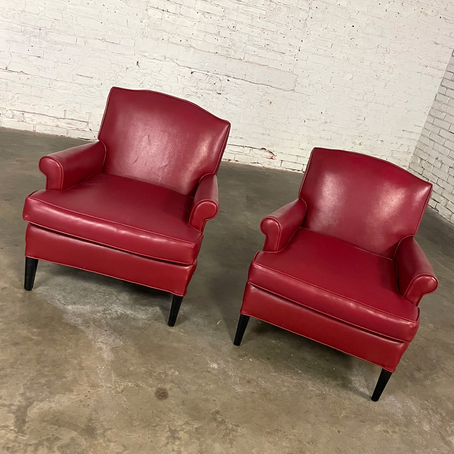 1940’s Traditional Club Chairs Original Red Faux Leather & Wood Legs a Pair