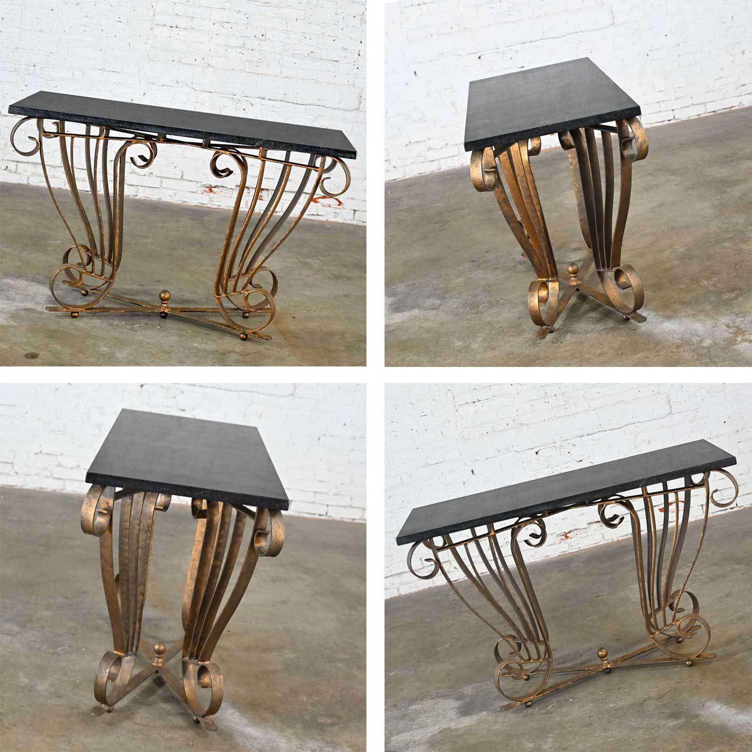 Vintage Art Deco Style Wrought Iron Granite Top Sofa Console Table