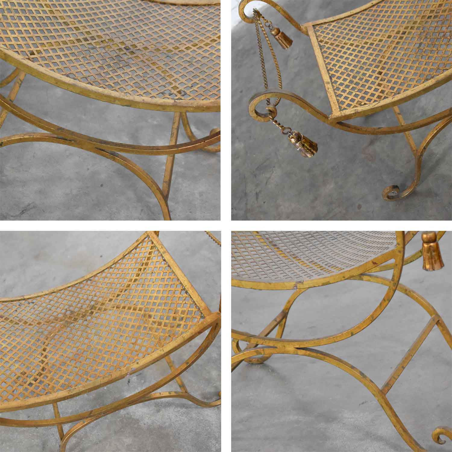 Gilded Wrought Iron Curule or Savonarola Italian Hollywood Regency Vanity Stool with Tassels