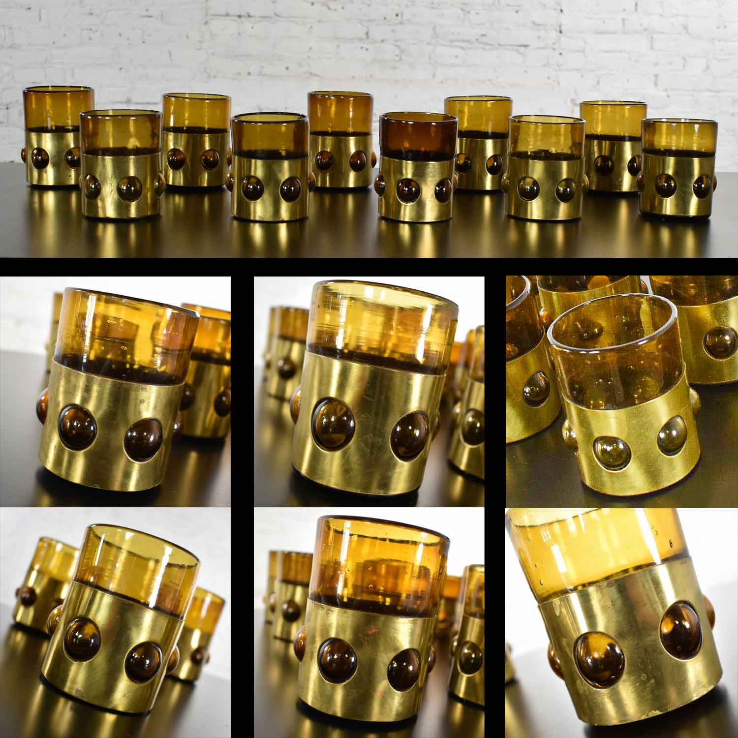 Imprisoned Mexican Glass Brutalist Modern Tumblers in Brown & Brass by Filipe Derflingher Set 10