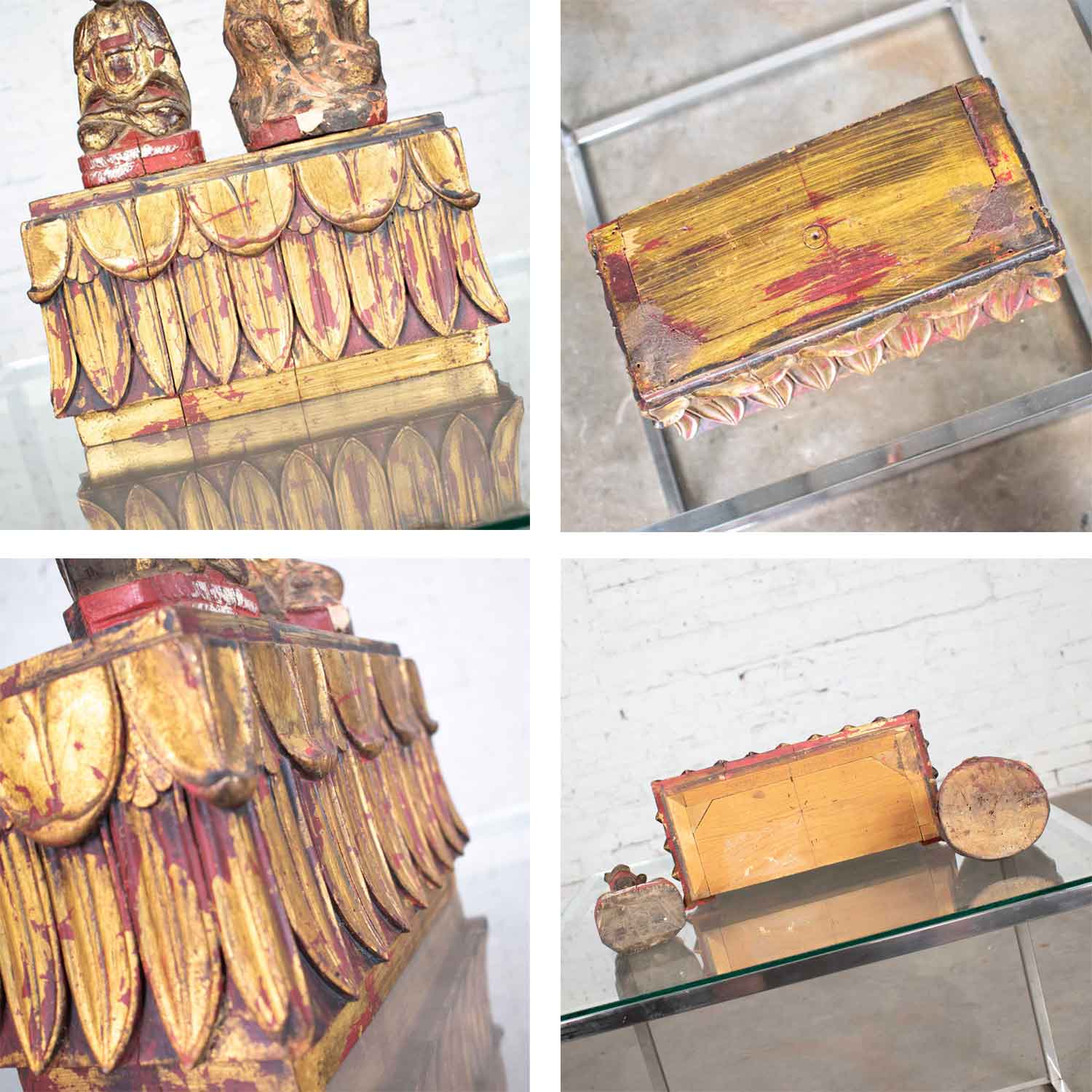 Antique Buddha Pair & Stand Hand Carved Wood & Hand Painted Red & Gilded