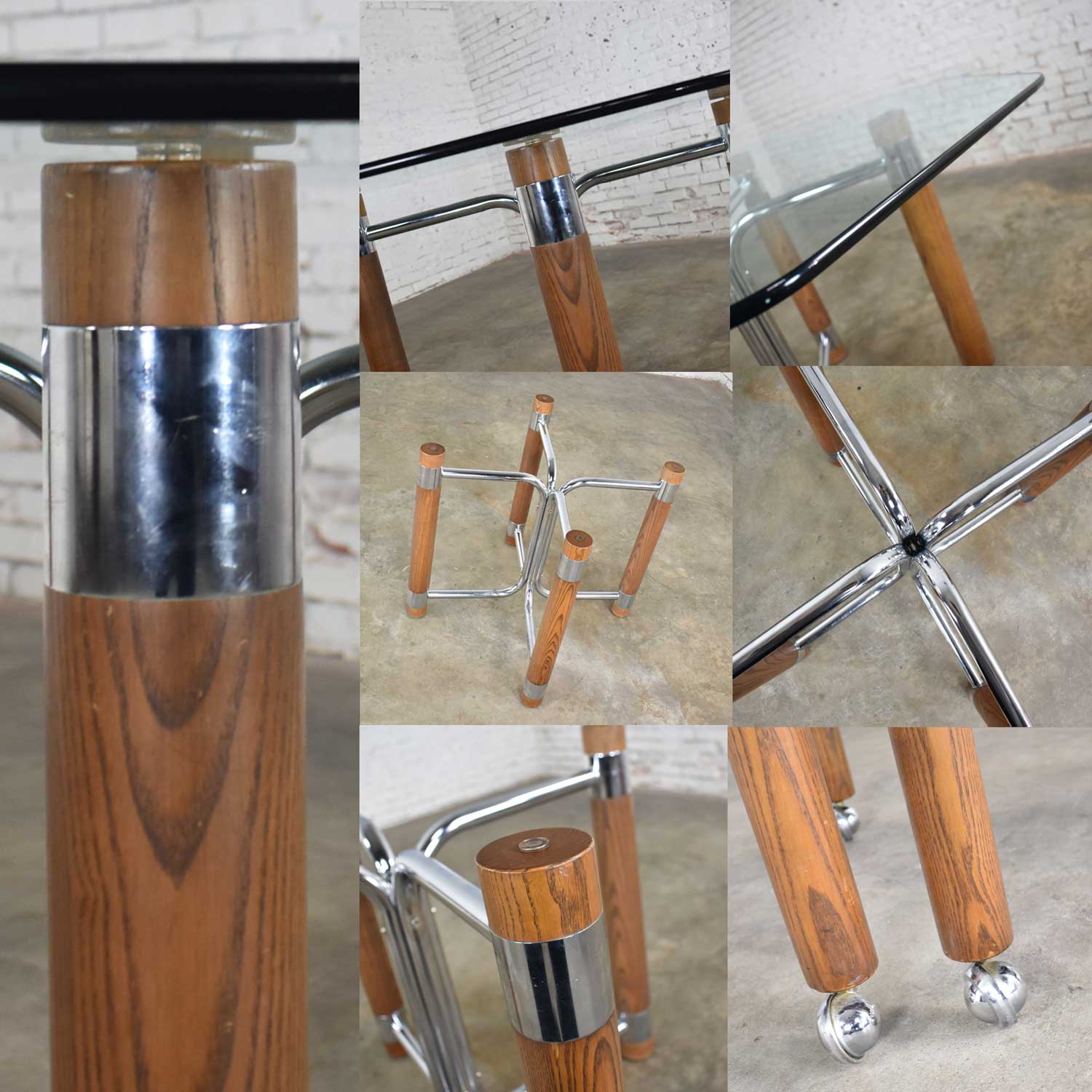 Modern Game Table or Dining Table Glass Chrome Oak with Four White Rolling Chairs