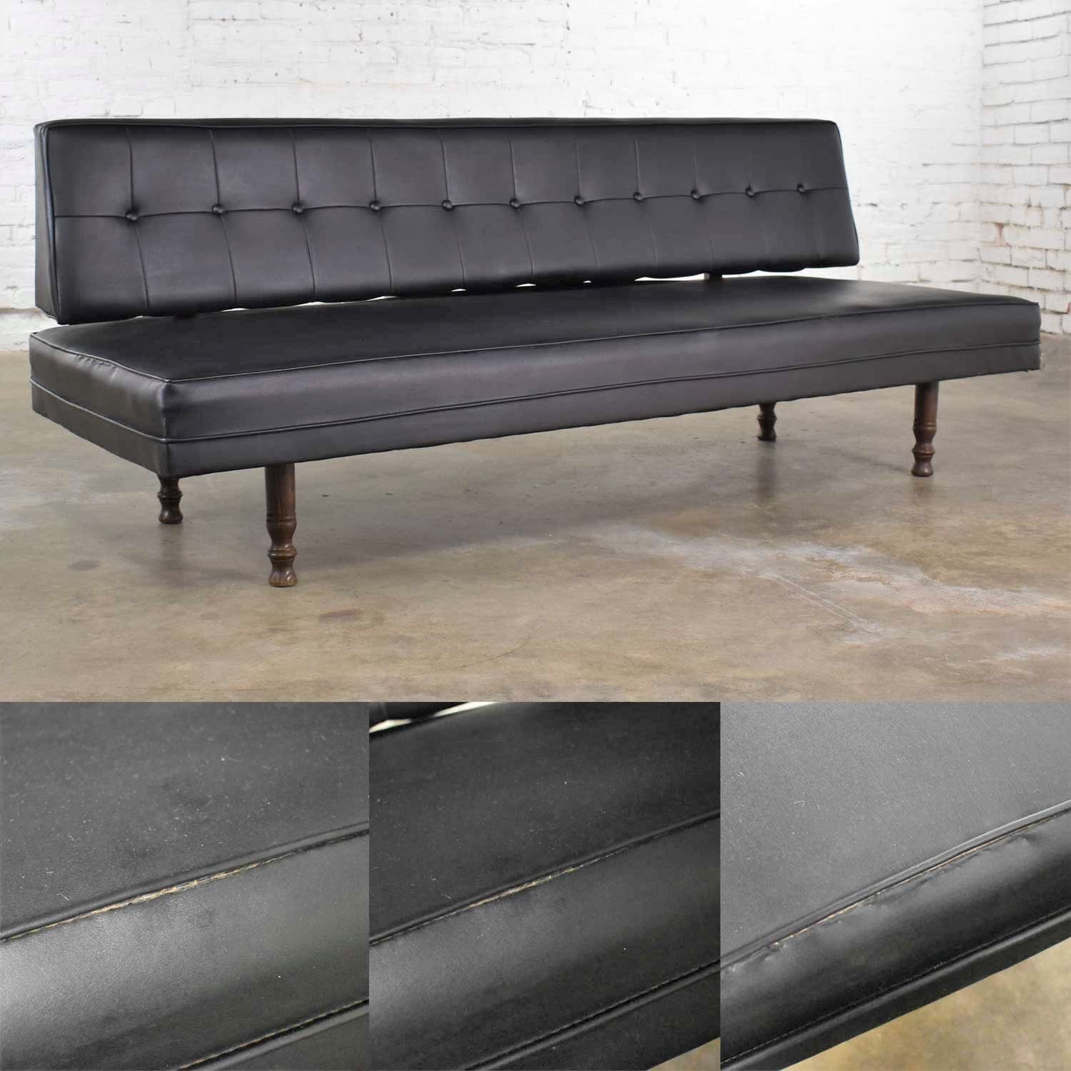 Vintage Mid Century Modern Black Vinyl Faux Leather Convertible Sofa by Universal of High Point