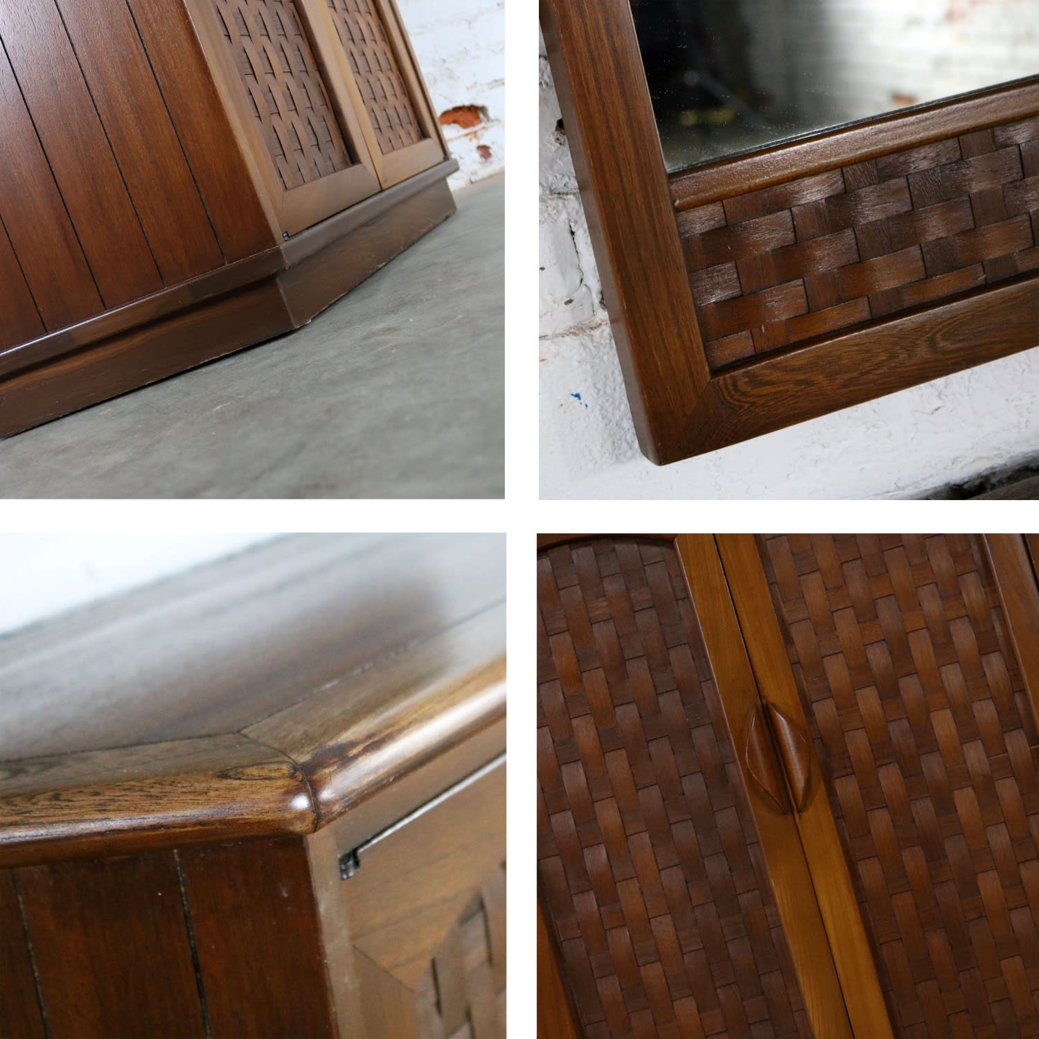 MCM Entry Console Cabinet and Mirror Basket Weave Style of Lane Perception by Warren C. Church