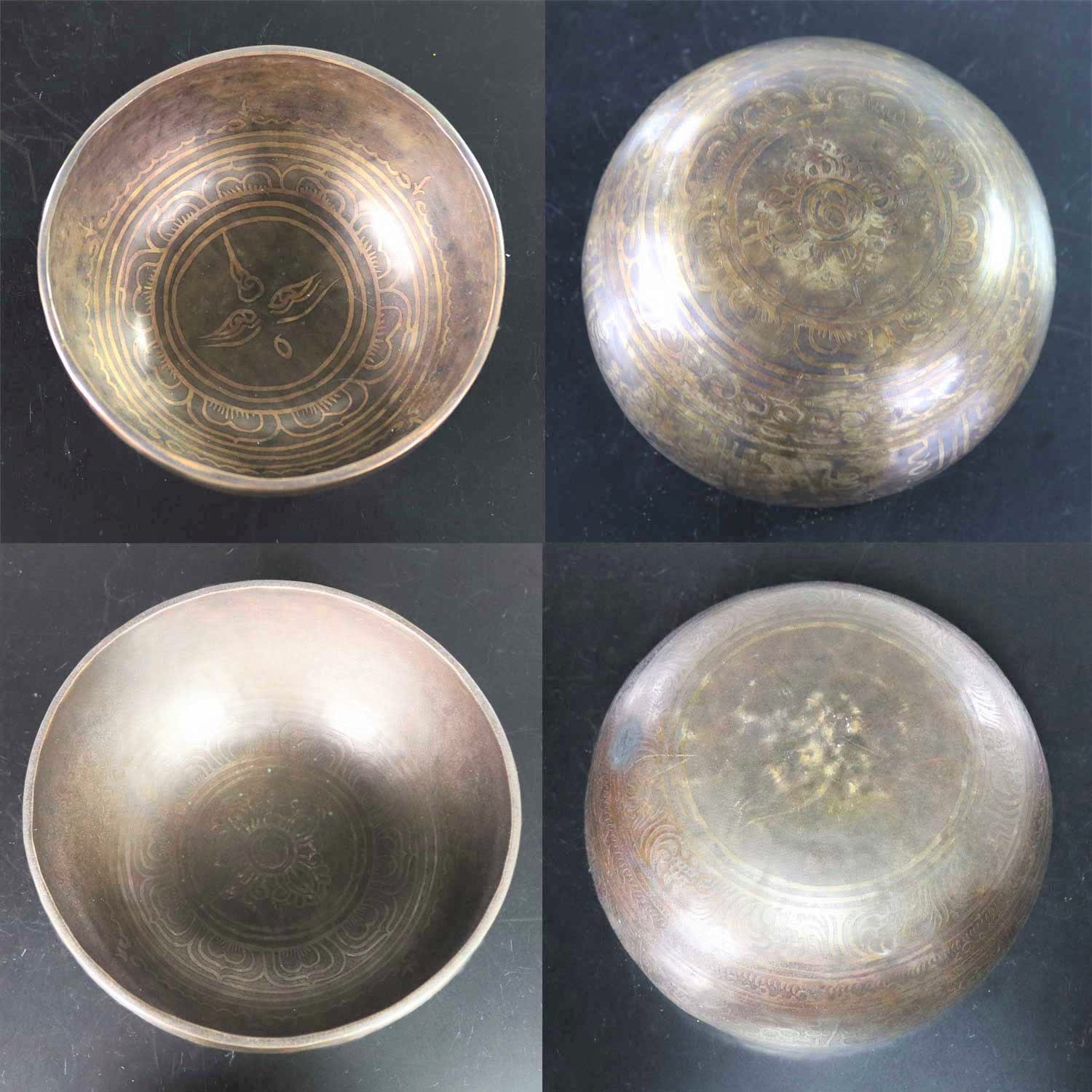 Vintage Set of 6 Bronze Nesting Incised Singing Bowls or Standing Bowls with Mallets