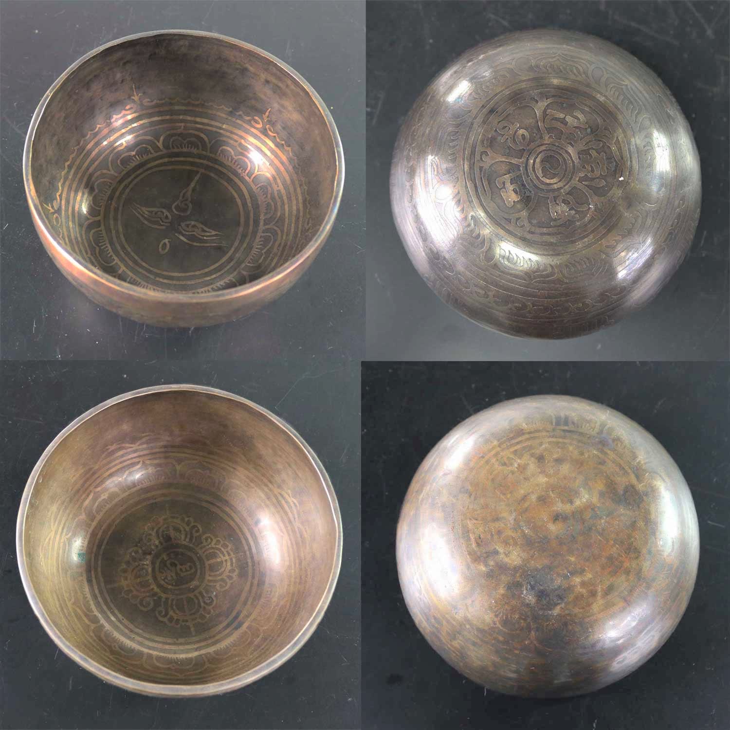 Vintage Set of 6 Bronze Nesting Incised Singing Bowls or Standing Bowls with Mallets
