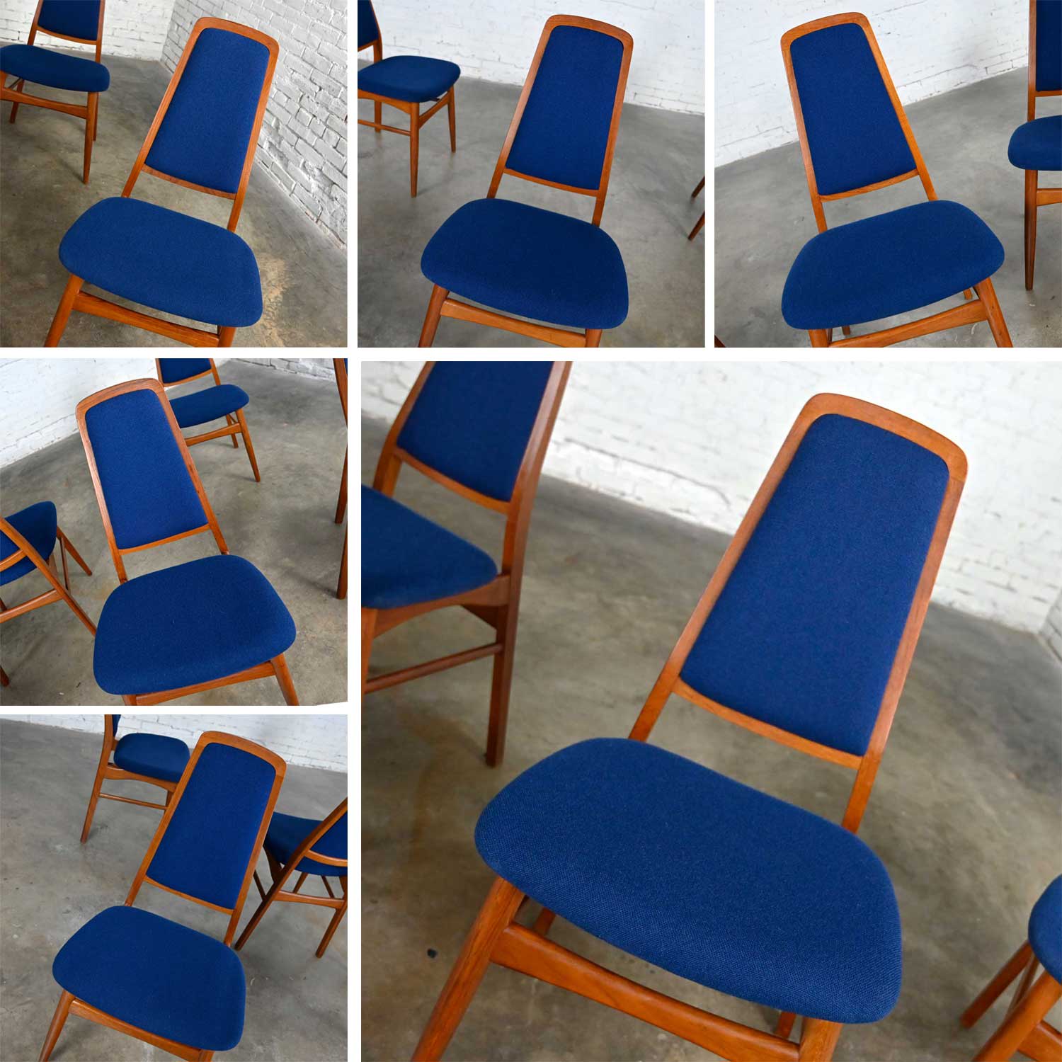 6 Vintage Vamdrup Stolefabrik Scandinavian Modern Teak & Blue Dining Chairs Style Eva Chair by Niels Koefoed