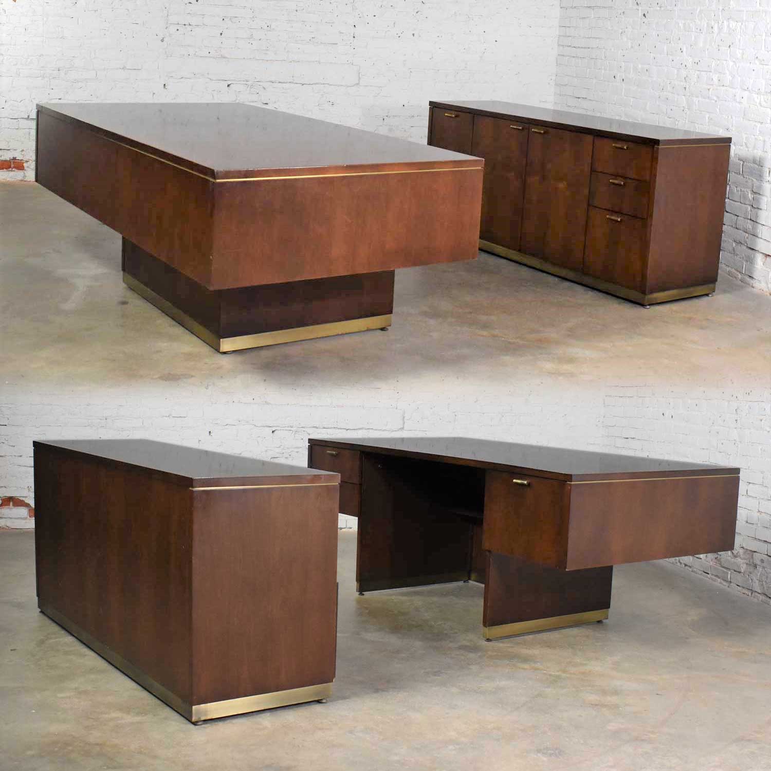 Large Mid Century Modern Cantilever Executive Desk & Credenza by Myrtle Desk Company