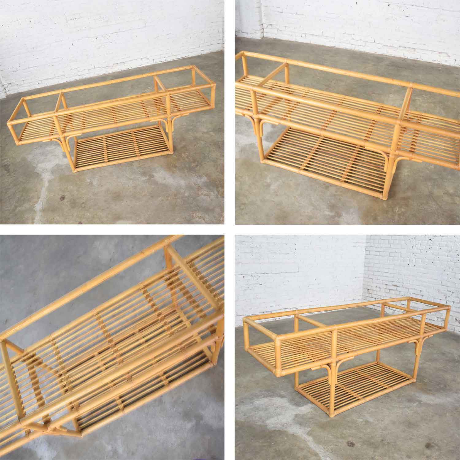 Vintage Modern Three-Tiered Rattan and Glass T-Shaped Console Sofa Table