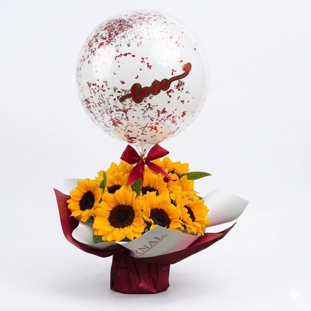 Flores par cumpleaños con girasoles y globo personalizado en Guayaquil - Floreria DIFIORI Guayaquil