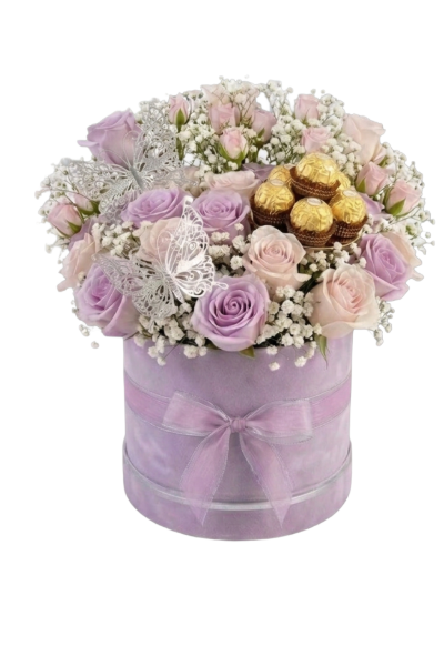 Arreglo floral con rosas lilas y chocolates ferrero en Guayaquil - Floreria DIFIORI Guayaquil