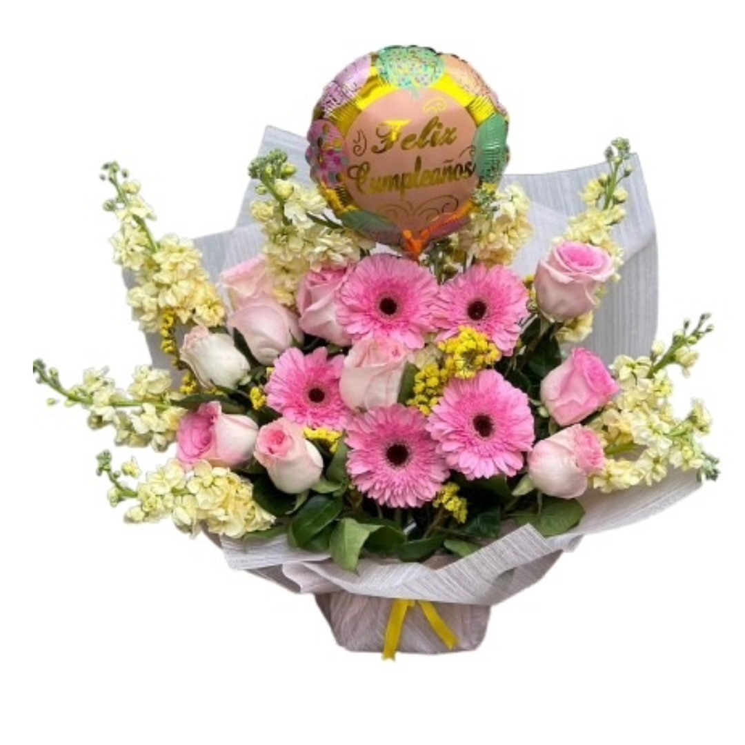 Ramo de flores con gerberas, alelíes, rosas, con globo de cumpleaños en Guayaquil - Floreria DIFIORI Guayaquil