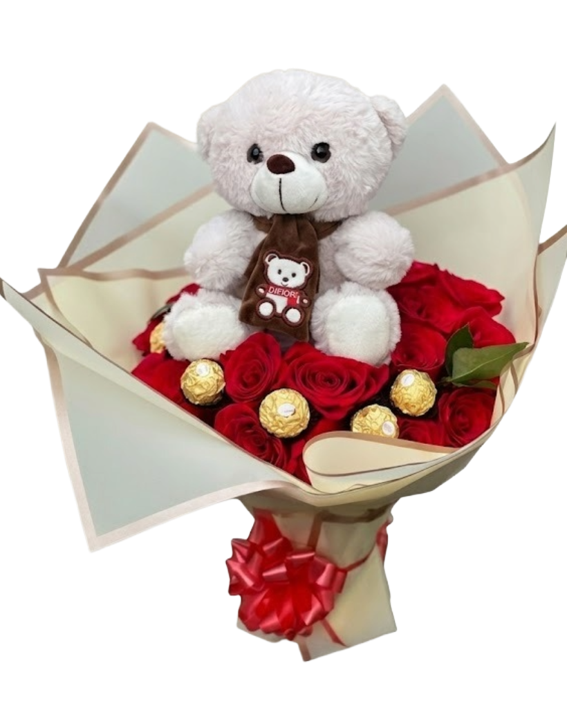 Flores rojas con ferrero y oso de peluche en Guaayaquil - Floreria DIFIORI Guayaquil