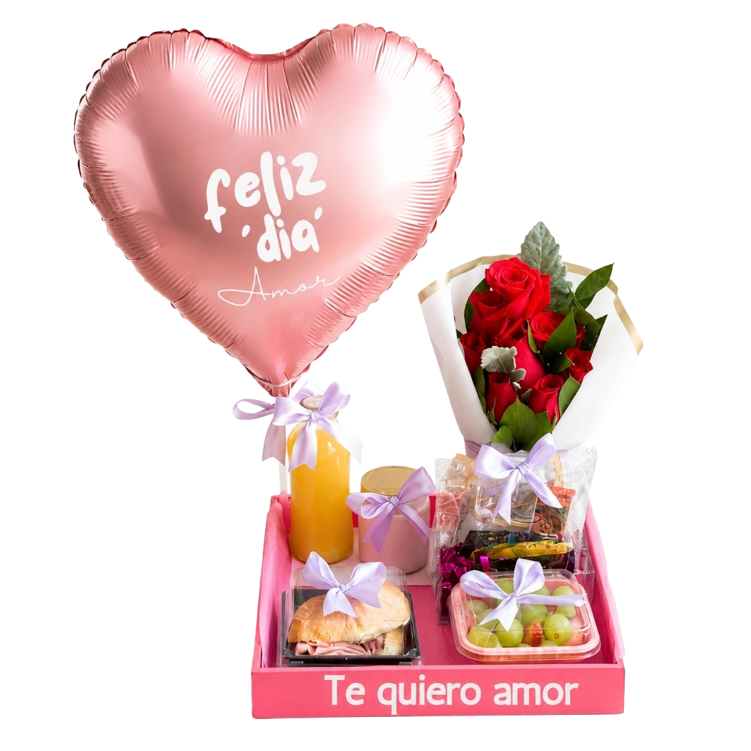 Desayuno sorpresa en Guayaquil con rosas rojas, frutas frescas, globo y detalles . - Floreria DIFIORI Guayaquil