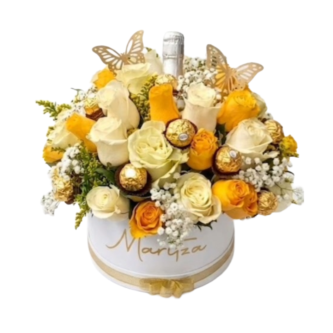 Ramo de 50 rosas blancas y amarillas con Ferrero y vino en Guayaquil - Floreria DIFIORI Guayaquil