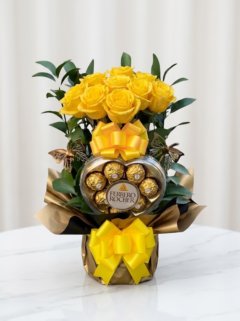 Flores amarillas con vino y chocolate en Guayaquil a domicilio - Floreria DIFIORI Guayaquil